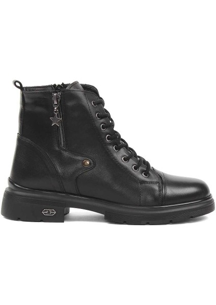 Kadın Siyah Çift Fermuarlı Deri Bot