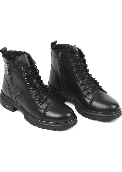 Kadın Siyah Çift Fermuarlı Deri Bot