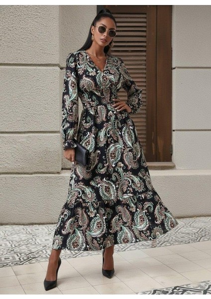 Kadın Uzun Kollu Kruvaze Yaka Beli Lastikli Uzun Desenli Maxi Elbise