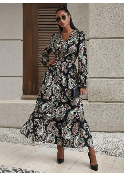 Kadın Uzun Kollu Kruvaze Yaka Beli Lastikli Uzun Desenli Maxi Elbise modelleri