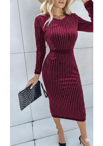Kadın Uzun Kollu Bisiklet Yaka Taşlı Midi Kadife Elbise modelleri