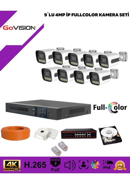 Go Vision 9'lu Güvenlik Ip Kamera Seti - 4mp Dış Mekan Kamera, 3.6mm Lens, H.265, Poe, Warm LED Gece Görüşlü