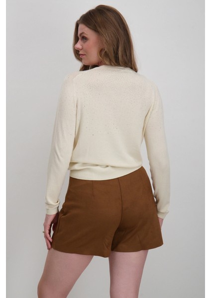 Kadın Onlanabella Taş Detaylı Bisiklet Yaka Kazak 15355228 Ekru fırsatları