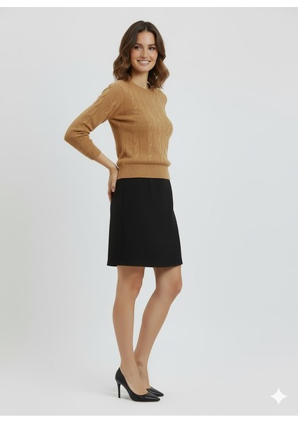 Kadın Saç Örgü Desenli Fit Bisiklet Yaka Yumuşak Triko Kazak"