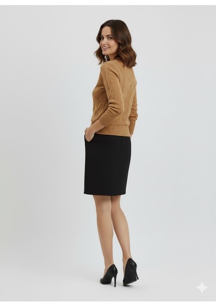 Kadın Saç Örgü Desenli Fit Bisiklet Yaka Yumuşak Triko Kazak"