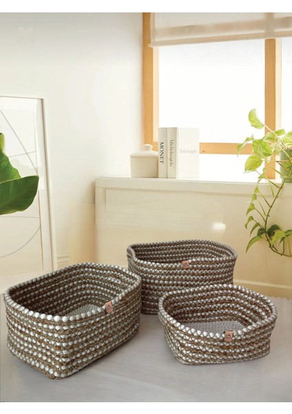 3'lü Hasır Görünümlü Düzenleyici Sepet - Leke Tutmaz - Kahverengi