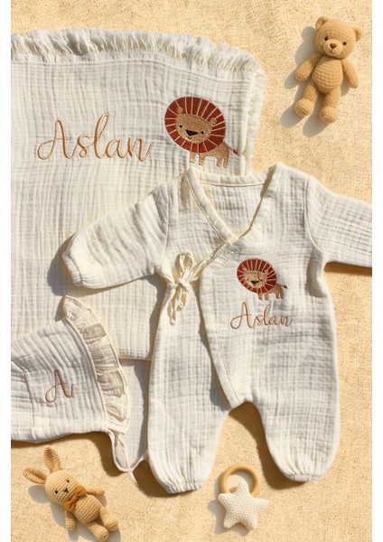 Aslan Nakış Isme Özel 6'lı Müslin Yenidoğan Set %100 Pamuk Tulum Battaniye Puset Örtü Yastık Eldivn