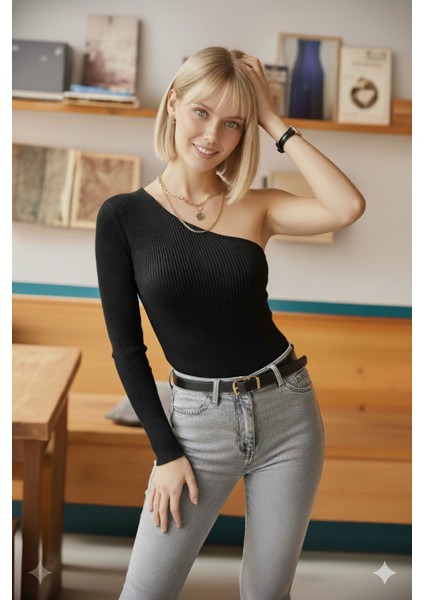 Kadın Siyah Tek Omuz Kol Açık Üst Kalite Dokuma Uzun Kollu Fitilli Bluz Body