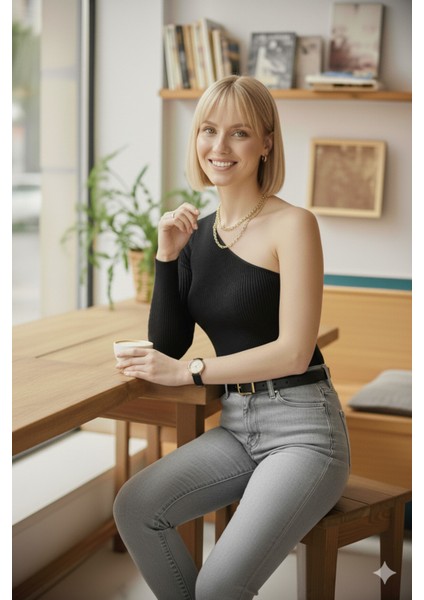 Kadın Siyah Tek Omuz Kol Açık Üst Kalite Dokuma Uzun Kollu Fitilli Bluz Body modelleri