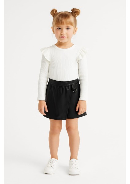 Kolları Fırfırlı Deri Şort Etekli Kız Çocuk Takım