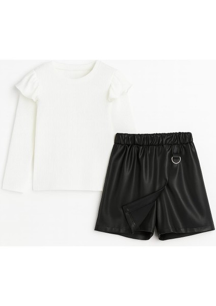 Kolları Fırfırlı Deri Şort Etekli Kız Çocuk Takım fiyatları