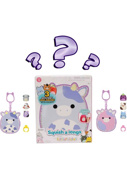 Squishmallows Squish-A-Longs Klipsli Çanta Süsü ve 3 Figür + Yüzük Sürpriz Paket S1 - Mor Inek Bubba