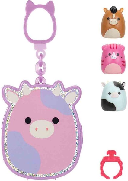Squishmallows Squish-A-Longs Klipsli Çanta Süsü ve 3 Figür + Yüzük Sürpriz Paket S1 - Mor Inek Bubba fiyatları
