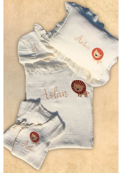 Aslan Nakış Isme Özel 6'lı Müslin Yenidoğan Set %100 Pamuk Tulum Battaniye Puset Örtü Yastık Eldivn indirimleri