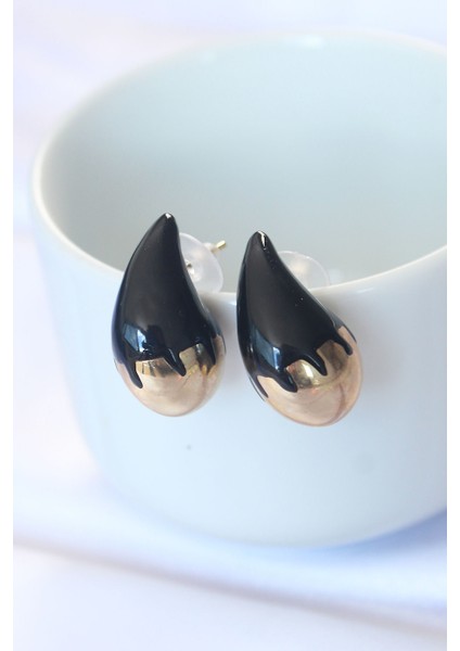 Hediye Takı için Kadın Küpe Alaca Minik Siyah Mineli Damlalı