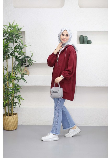 4380 Kapşonlu Boy Fermuarlı Cepli Ten Sel Kap