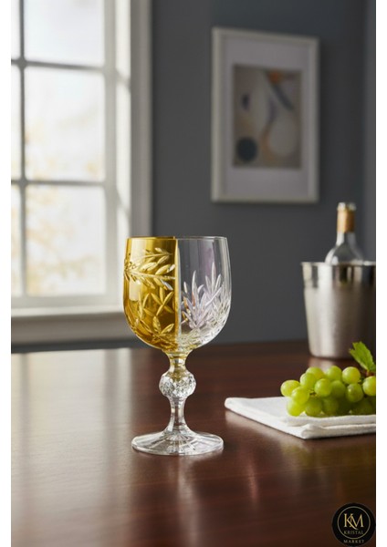 El Yapımı Kristal Bohemia Sarı Çift Renk Dekoratif Sunumluk Ayaklı Kadeh Kahve Yanı Su Bardağı