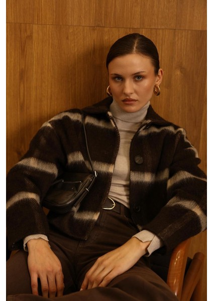 Kadın Çizgili Örme Triko Hırka Ceket Düğmeli Kışlık Kalın Badi Ceket