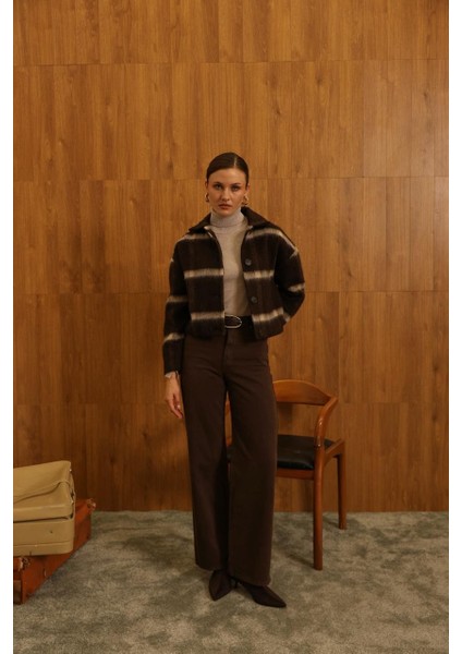 Kadın Çizgili Örme Triko Hırka Ceket Düğmeli Kışlık Kalın Badi Ceket modelleri