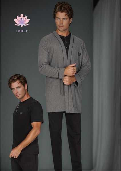 Erkek %100 Pamuk Penye 3 Parça Kutulu Robdöşambr & Uzun Kollu Pijama Takımı Set L1.ANC.355.01