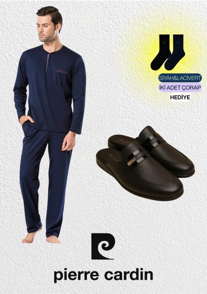 Erkek Penye Lacivert 2'li Pijama Takımı & Deri Terlik Set (2 Adet Çorap Hediyeli) L1.PC.5454.291