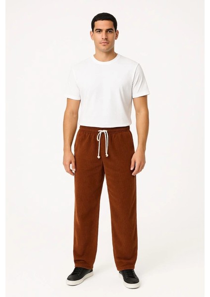 Mdb Erkek Fitilli Kadife Cepli Buggy Pantolon Oversize Rahat Kalıp Kahverengi