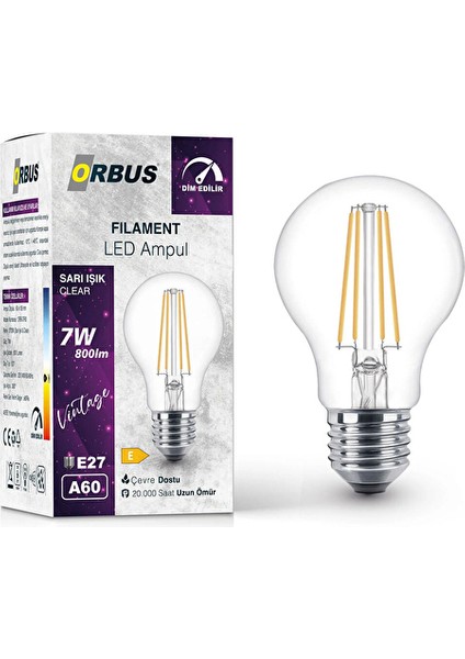 4 Adet Orbus Dim Edilir LED Filament Ampul A60 7 Watt 700LM E27 Sarı Işık