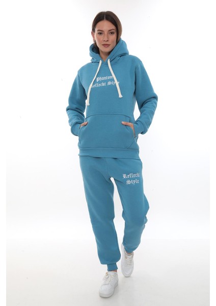 Kadın Kapüşonlu Kanguru Cep Şardonlu 3 Iplik Kışlık Içi Polarlı Günlük Eşofman Takım