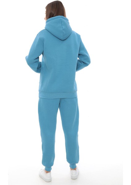 Kadın Kapüşonlu Kanguru Cep Şardonlu 3 Iplik Kışlık Içi Polarlı Günlük Eşofman Takım