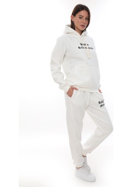 Kadın Kapüşonlu Kanguru Cep Şardonlu 3 Iplik Kışlık Içi Polarlı Günlük Eşofman Takım