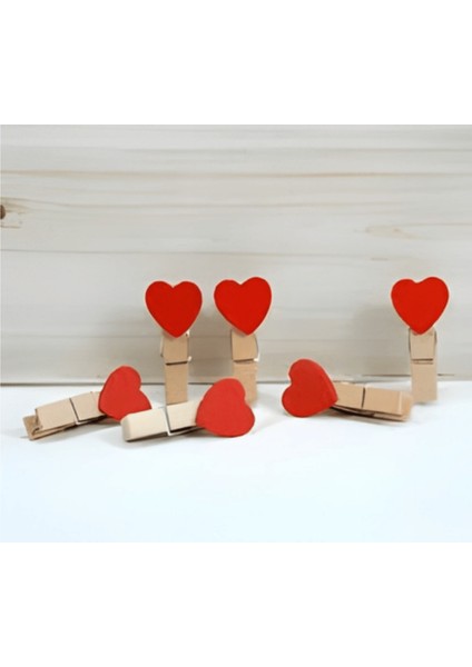 20 Adet Kırmızı Kalpli Minik Ahşap Mandal Fotoğraf Asma Mandalı Parti ve Süs Mandalı Not Kıskacı