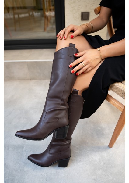 Negin Acı Kahve Deri Düz Çizme