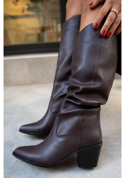Negin Acı Kahve Deri Düz Çizme modelleri