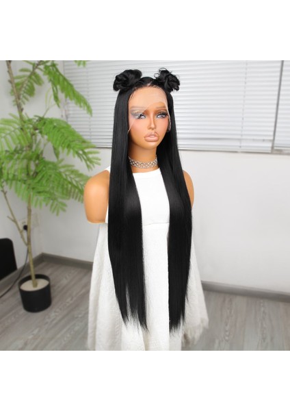 Ekstra Uzun Siyah Fiber Sentetik Düz Tül Peruk modelleri