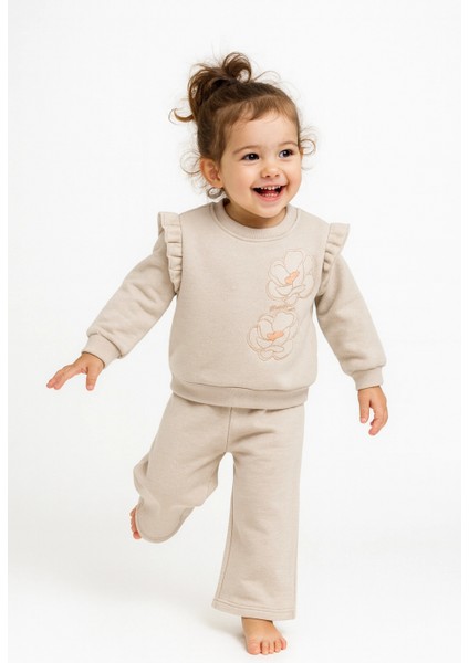 Kız Çocuk Sweatshirt Şardonlu Kumaş Gri Uzun Kollu Çiçek Desenli Çocuk Sweat