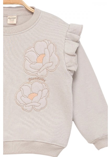 Kız Çocuk Sweatshirt Şardonlu Kumaş Gri Uzun Kollu Çiçek Desenli Çocuk Sweat modelleri