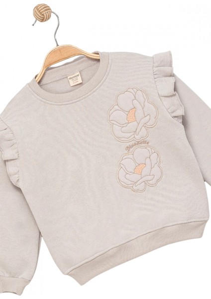 Kız Çocuk Sweatshirt Şardonlu Kumaş Gri Uzun Kollu Çiçek Desenli Çocuk Sweat fırsatları