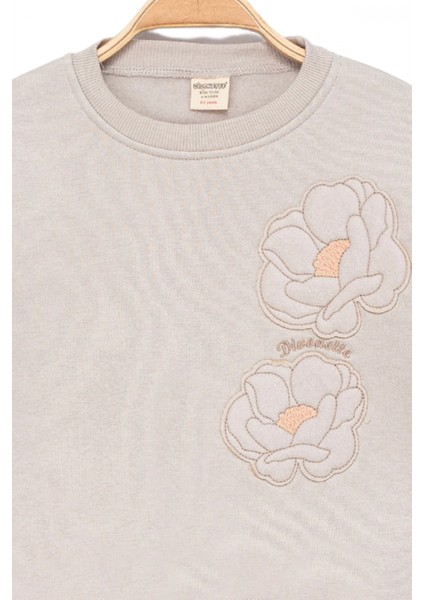 Kız Çocuk Sweatshirt Şardonlu Kumaş Gri Uzun Kollu Çiçek Desenli Çocuk Sweat indirimleri