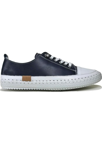 Kadın Hakiki Deri Lacivert Sneaker El Dikişli Günlük Spor Ayakkabı Bağcıklı Rahat Taban fiyatları