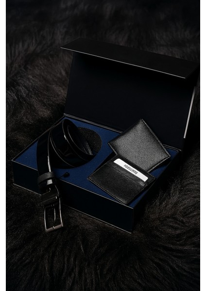 Erkek Siyah Hediyelik - Çeyizlik 3'lü Kemer & Yatay Cüzdan & Kartlık Seti LL.GC525.001