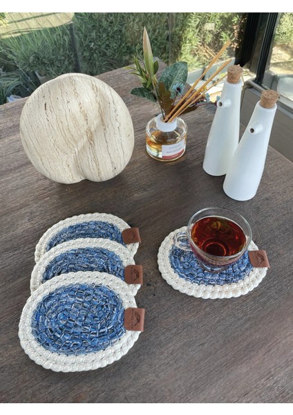 Tekstil 4 Adet Oval Kılfılı Bardak Altlığı- Leke Tutmaz- Beyaz-Mavi 13X17 cm