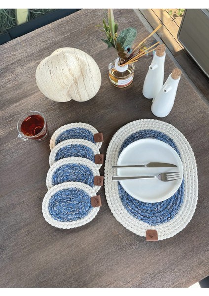 Tekstil 4 Adet Oval Kılfılı Bardak Altlığı- Leke Tutmaz- Beyaz-Mavi 13X17 cm fiyatları