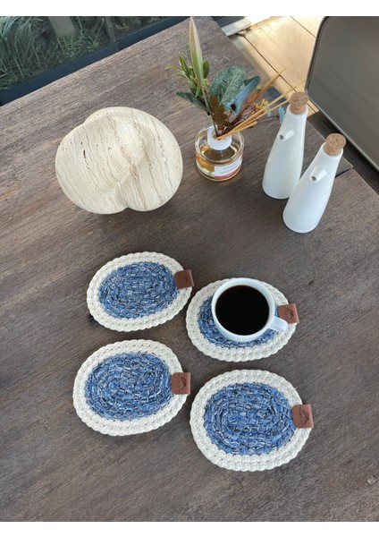 Tekstil 4 Adet Oval Kılfılı Bardak Altlığı- Leke Tutmaz- Beyaz-Mavi 13X17 cm modelleri
