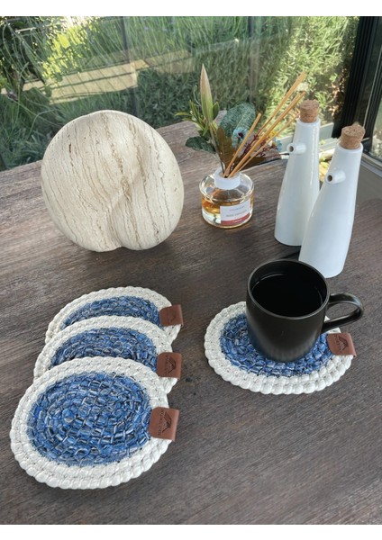 Tekstil 4 Adet Oval Kılfılı Bardak Altlığı- Leke Tutmaz- Beyaz-Mavi 13X17 cm fırsatları