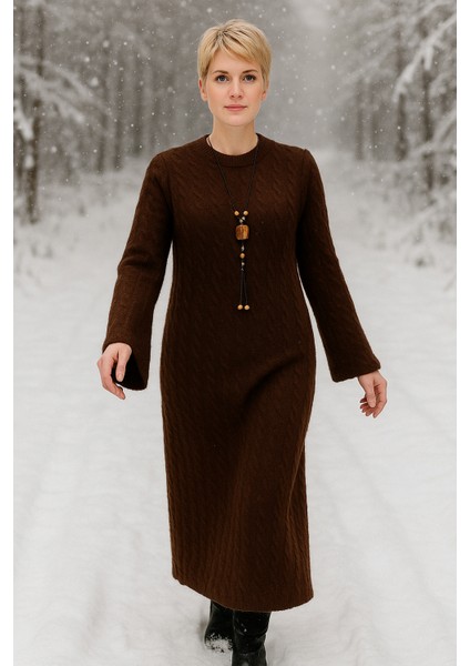 Bisiklet Yaka Geniş Kalıp Kalın Örme Uzun Triko Elbise modelleri