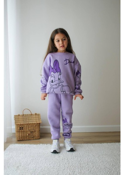 Çizgi Karakter Detaylı 3 Ip Şardonlu Kışlık Kız Çocuk Alt Üst Takım