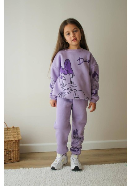 Çizgi Karakter Detaylı 3 Ip Şardonlu Kışlık Kız Çocuk Alt Üst Takım fiyatları