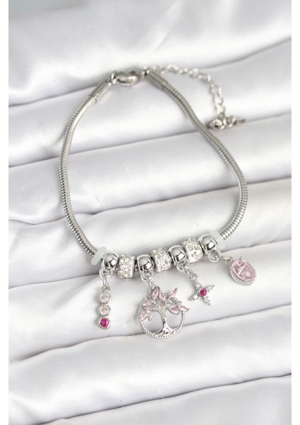 Zarif Bilekler Için Silver Pirinç Yaşam Ağacı Charmlı Kadın Bileklik