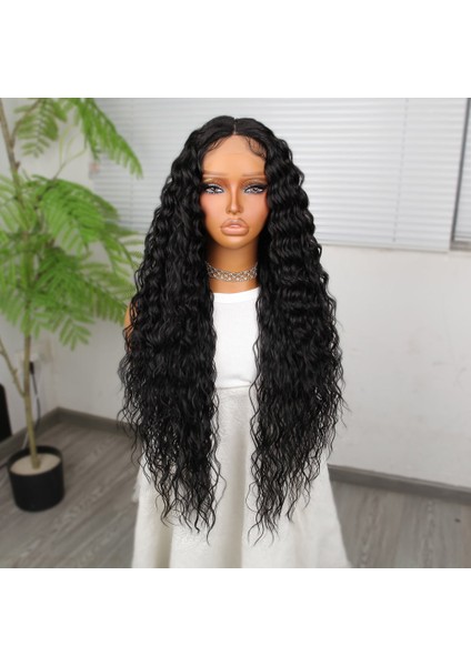 Ekstra Uzun Yoğun Afro Dalga Siyah Fiber Sentetik Geniş T Tül Peruk