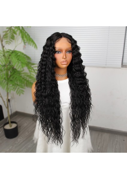 Ekstra Uzun Yoğun Afro Dalga Siyah Fiber Sentetik Geniş T Tül Peruk fiyatları